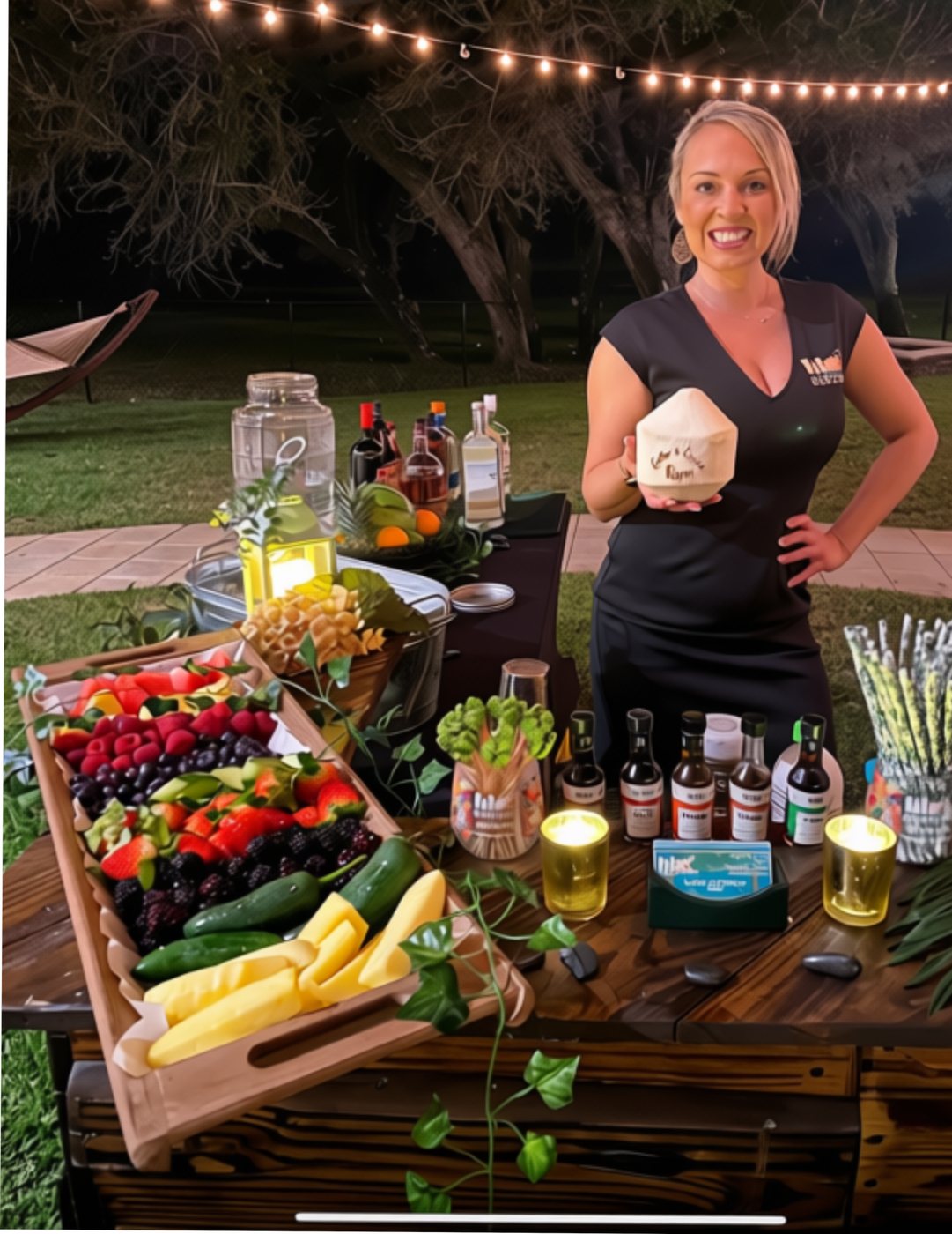 Mariel standing behind a complete fresh-fruit bar setup