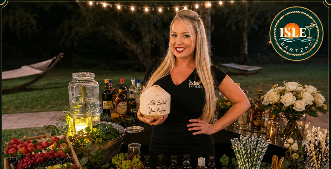 Mariel Goodrich, founder and owner of ISLE Bartend, in her black ISLE outfit behind a fresh-fruit bar