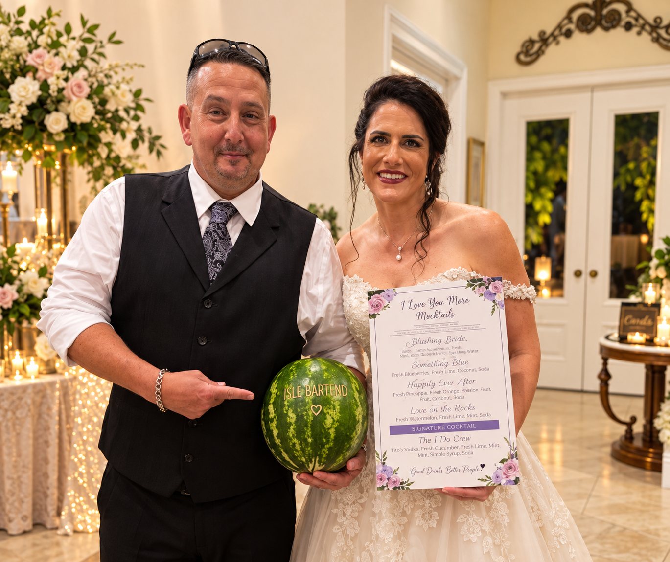 Bride and groom holding an ISLE Bartend carved watermelon beside their custom menu